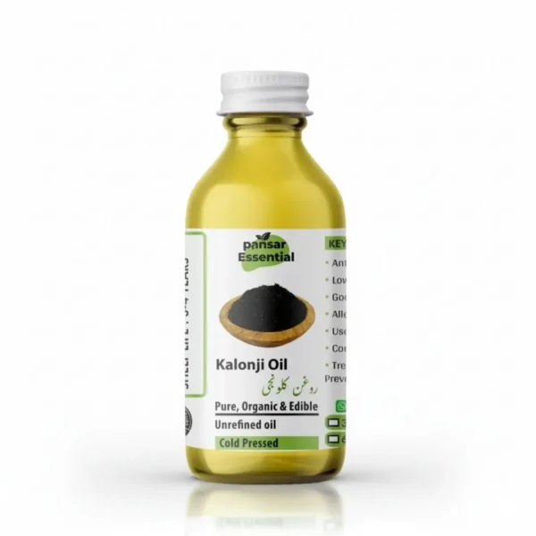 Pansar Essential 100% Pure, Organic & Edible Cold Pressed Kalonji Oil bottle with a white cap, featuring Urdu text "روغن کلونجی" and a small bowl of black seeds on the label.