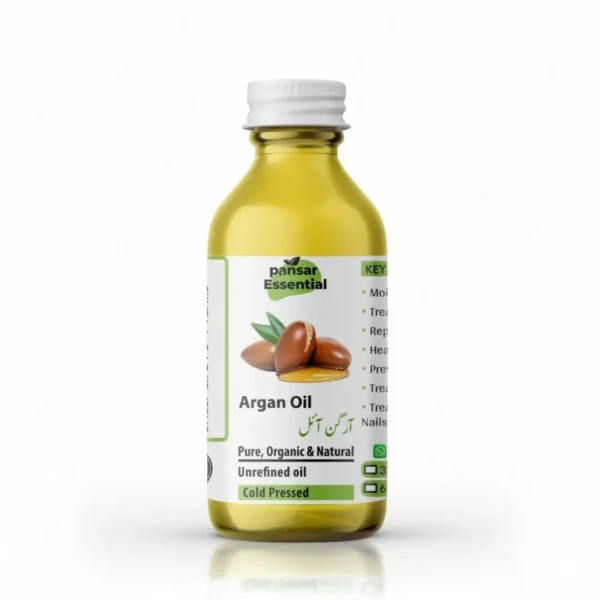 Pansar Essential Pure, Organic & Natural Cold-Pressed Unrefined Moroccan Argan Oil bottle with white cap.