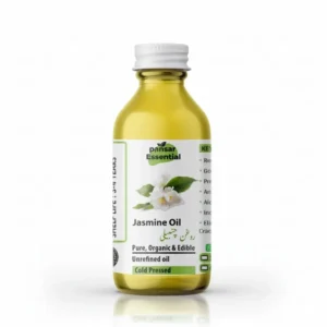 A clear bottle of Pansar Essential Pure Organic Jasmine Oil (Roghan Chambeli) with white jasmine flowers on the label.
