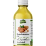 Pansar Essential 100% Pure Cold Pressed Sweet Almond Oil (Roghan-e-Badam Shirin) glass bottle with almond graphic label for skin, hair, and dark circles.