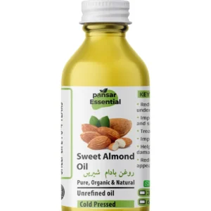 Pansar Essential 100% Pure Cold Pressed Sweet Almond Oil (Roghan-e-Badam Shirin) glass bottle with almond graphic label for skin, hair, and dark circles.