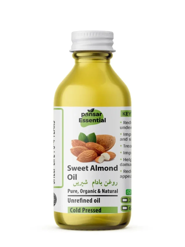 Pansar Essential 100% Pure Cold Pressed Sweet Almond Oil (Roghan-e-Badam Shirin) glass bottle with almond graphic label for skin, hair, and dark circles.