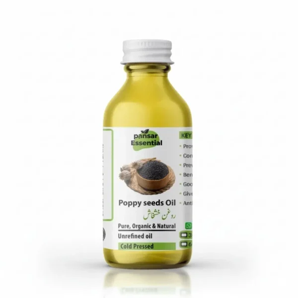 Pansar Essential 100% pure, organic, cold-pressed Poppy Seeds Oil (Rogan Khaskhas) in a glass bottle.