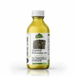 Clear glass bottle of Pansar Essential Cyperus Rotundus Oil (Nagarmotha Oil) with white screw cap and product label showing dried roots.