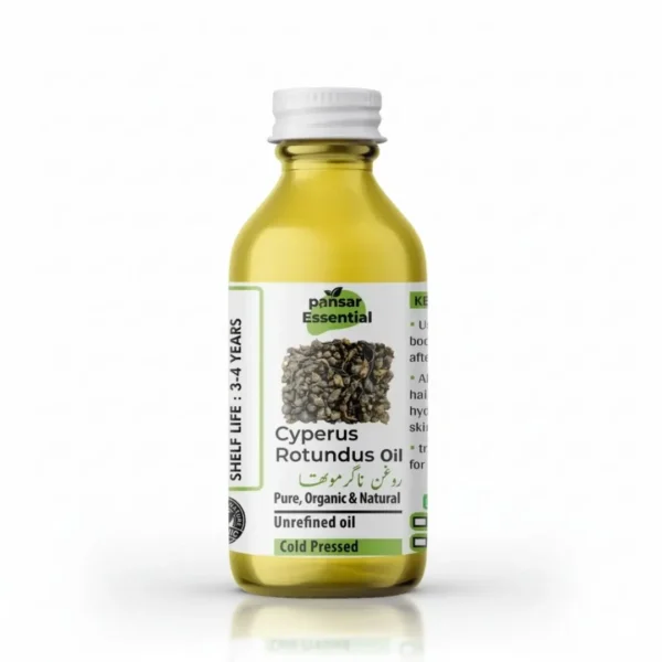 Clear glass bottle of Pansar Essential Cyperus Rotundus Oil (Nagarmotha Oil) with white screw cap and product label showing dried roots.
