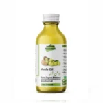 Clear bottle of Pansar Essential Pure Organic Cold Pressed Amla Hair Oil with white cap and label showing fresh amla fruits