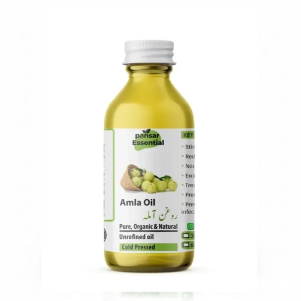 Clear bottle of Pansar Essential Pure Organic Cold Pressed Amla Hair Oil with white cap and label showing fresh amla fruits