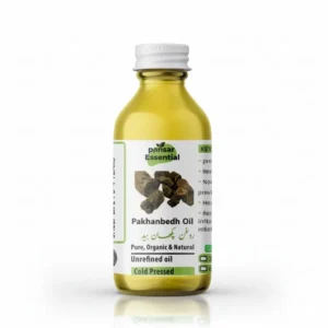 A clear glass bottle of Pansar Essential 100% Pure, Organic, Cold-Pressed Pakhanbedh Oil (روغن پکھان بید) with a white cap against a plain white background.