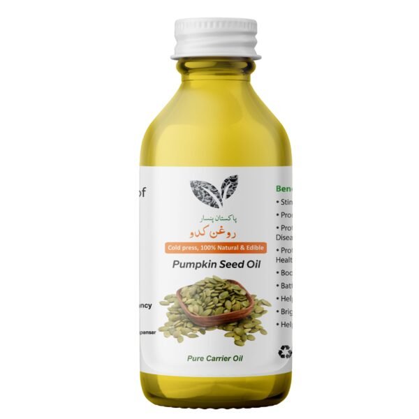Clear bottle of Pansar Essential Pure Pumpkin Seed Oil (Roghan-e-Kadoo) with a white cap, featuring a label showing pumpkin seeds in a wooden bowl and key product benefits.