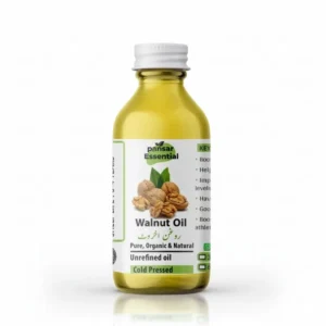 A clear glass bottle of Pansar Essential Pure Cold Pressed Walnut Oil (Roghan Akhrot) with a white cap against a plain white background.