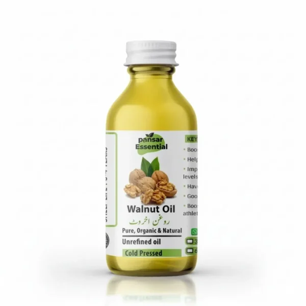 A clear glass bottle of Pansar Essential Pure Cold Pressed Walnut Oil (Roghan Akhrot) with a white cap against a plain white background.